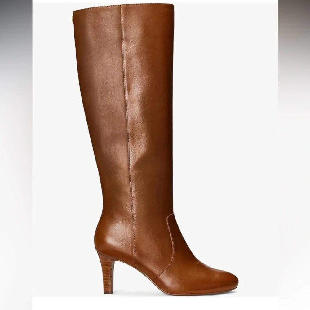 Ralph Lauren caelynn tall knee high caramel leather boots short heel 9.5 NEW - Picture 3 of 13